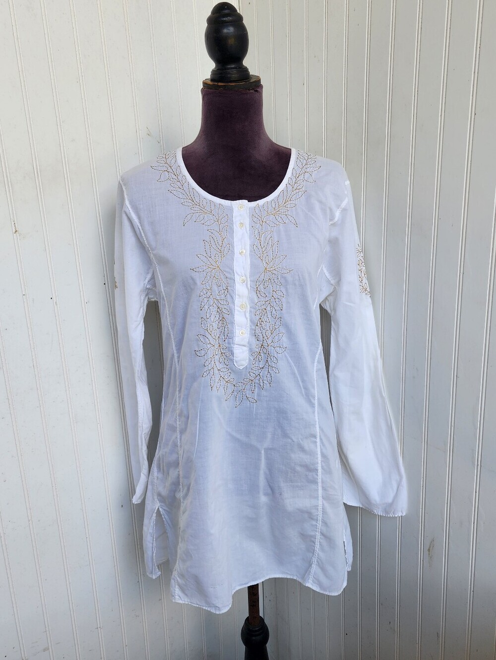 J Crew Gold Embroidered Cotton White Shirt Top Long Sleeve Lightweight Beach S